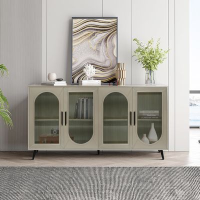 Accent Storage Cabinet Sideboard Media TV Console TV Stand with 4 Glass Doors & Adjustable Shelf & Metal Legs for Living Room Dining Room Hallway Entryway (Antique Gold)