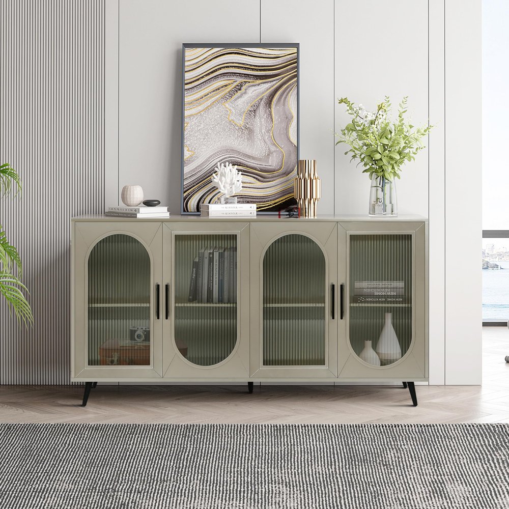Accent Storage Cabinet Sideboard Media TV Console TV Stand with 4 Glass Doors & Adjustable Shelf & Metal Legs for Living Room Dining Room Hallway Entryway (Antique Gold)