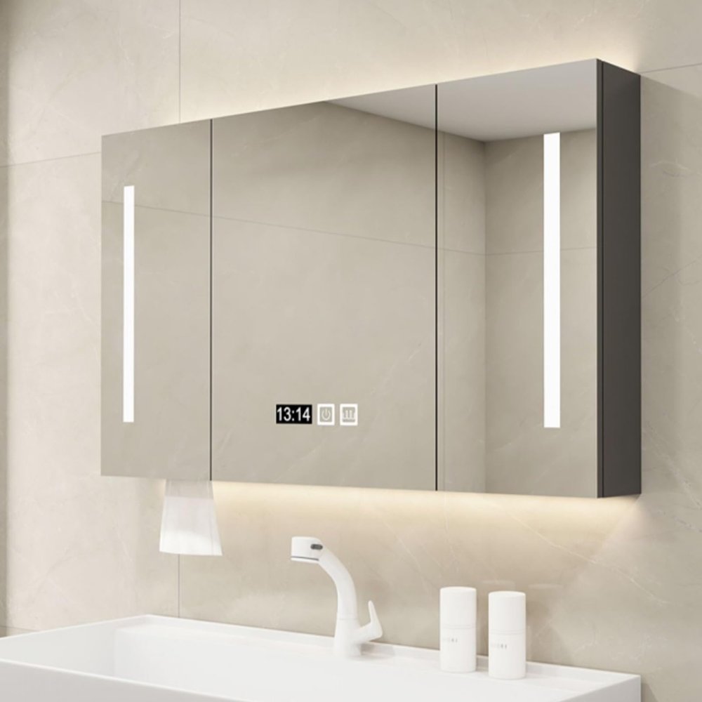 Mirrored medicine cabinets for bathroom with LED lights,Wall-mounted wooden medicine cabinet with defogger,bathroom vanity mirror with 3 color lights,time display,touch control,Paper extraction hole (