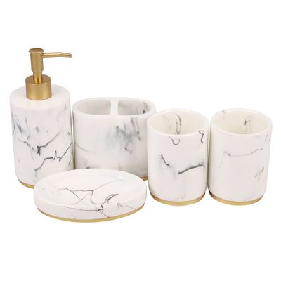 Pasuihcay Bathroom Accessories Set, 5 Pieces Bath Ensemble, Bath Set Collection Marble Pattern Soap Dispenser Pump, Toothbrush Holder, Soap Dish, Gold & White