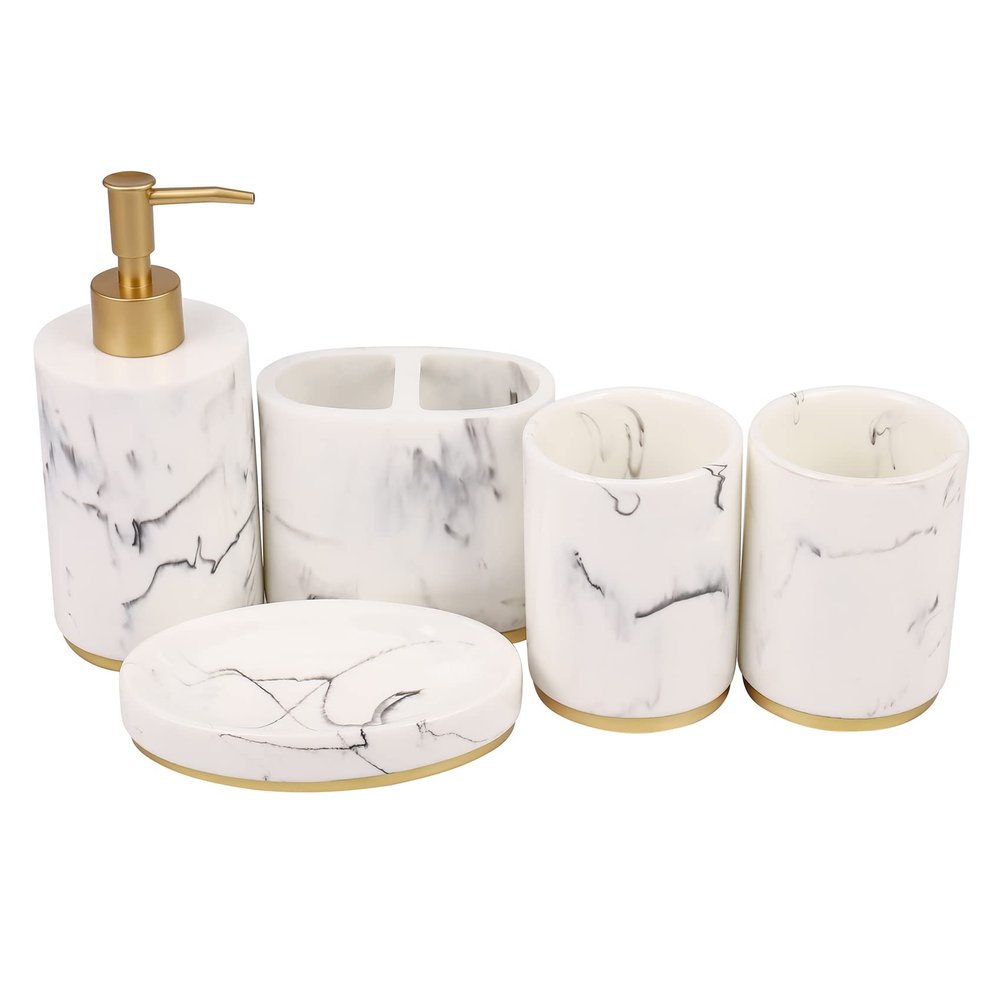 Pasuihcay Bathroom Accessories Set, 5 Pieces Bath Ensemble, Bath Set Collection Marble Pattern Soap Dispenser Pump, Toothbrush Holder, Soap Dish, Gold & White