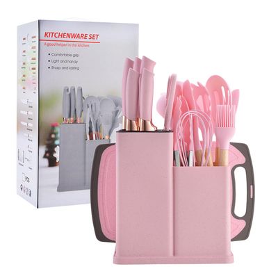 19 Pieces Kitchen Utensils and Knife Set with Block, Inldued 9 Pieces Silicone Cooking Utensils Set 5 Pieces Sharp Stainless Steel Chef Knives Scissors Whisk Tongs and Cutting Board (PINK)