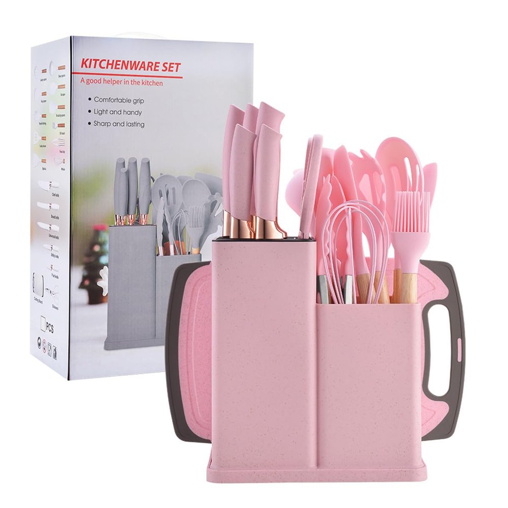 19 Pieces Kitchen Utensils and Knife Set with Block, Inldued 9 Pieces Silicone Cooking Utensils Set 5 Pieces Sharp Stainless Steel Chef Knives Scissors Whisk Tongs and Cutting Board (PINK)