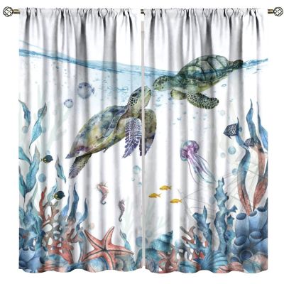Sea Turtles Blackout Curtains, Beach Nautical Ocean Seashell Seahorse Fish Starfish Jellyfish Window Treatments for Bedroom Kitchen Nursery, Conch Compass Beachy Coastal Drapes 2 Panel 84x84 Inch