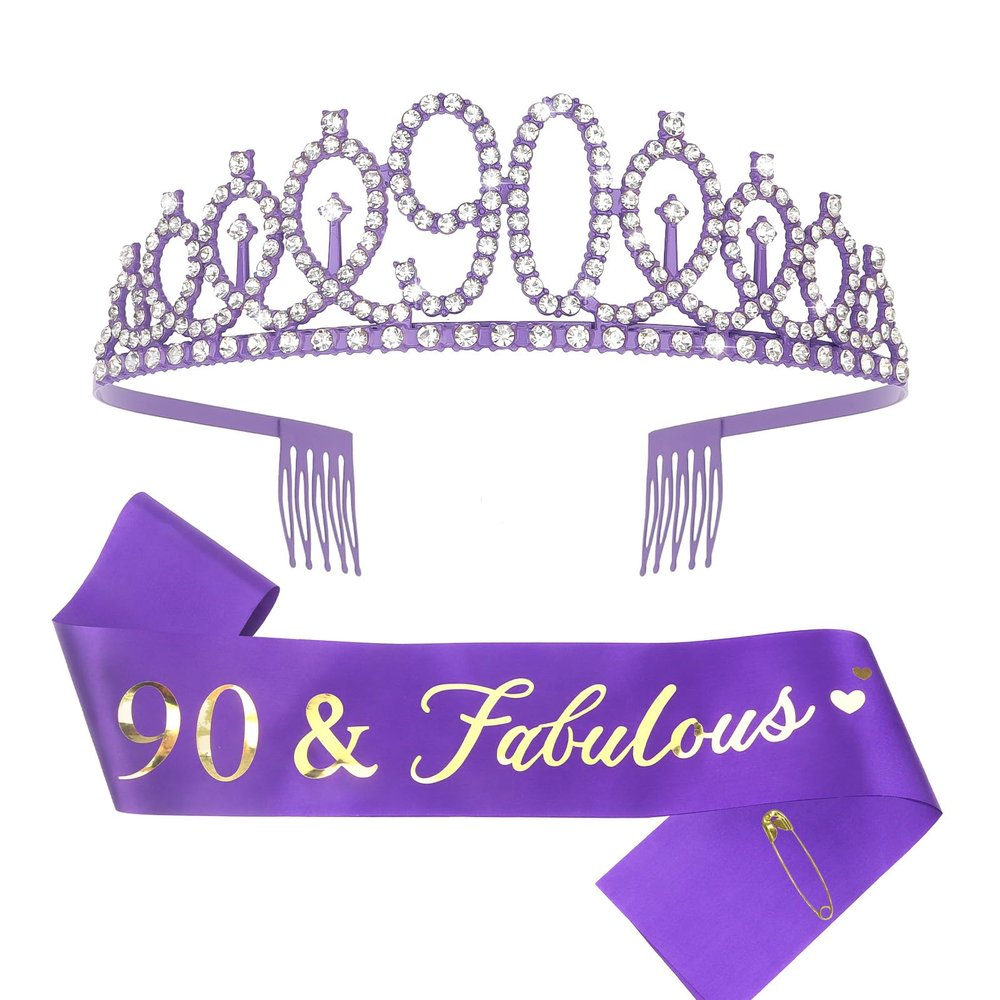 CIEHER Purple 90th Birthday Crown & Sash Set, '90 & Fabulous' Decorations for Women, One Size, Purple