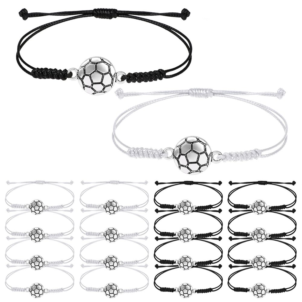 Charm Bracelets, 14 PCS Adjustable Soccer Ball Beads Braided Rope Wristbands - Black & White, Sports Party Favors Gift Accessories for Women, Men & Teens