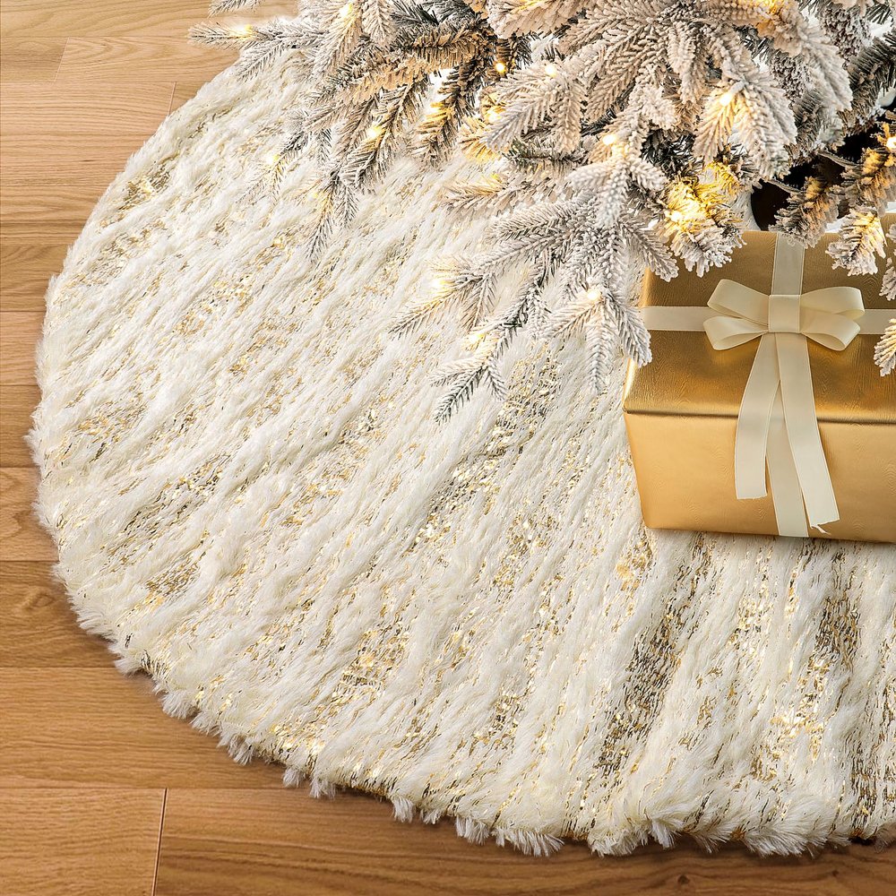 S-DEAL Golden Christmas Tree Skirt, 32 Inches Faux Fur Plush Tree Skirt for Holiday Home Decor Xmas