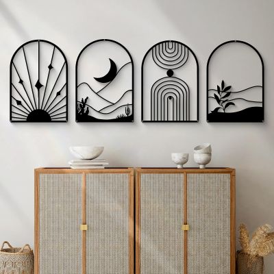 Glamativity 4 Pack Black Abstract Metal Wall Art, Minimalist Dcor Single Line Art Wall Dcor, 3D Textured Metal Wall Sculptures, for Living Room Bedroom Bathroom Study Room (Black Boho, L Size 22.5 x 15.7'')
