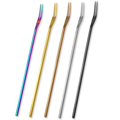 Hordion 5 Pcs Pickle Fork Olive Forks, 8.66 Inches Long Handle Appetizer Forks Stainless Steel Cocktail Forks, 2 Prong Fruit Fork Pickle Grabber, Multicolor