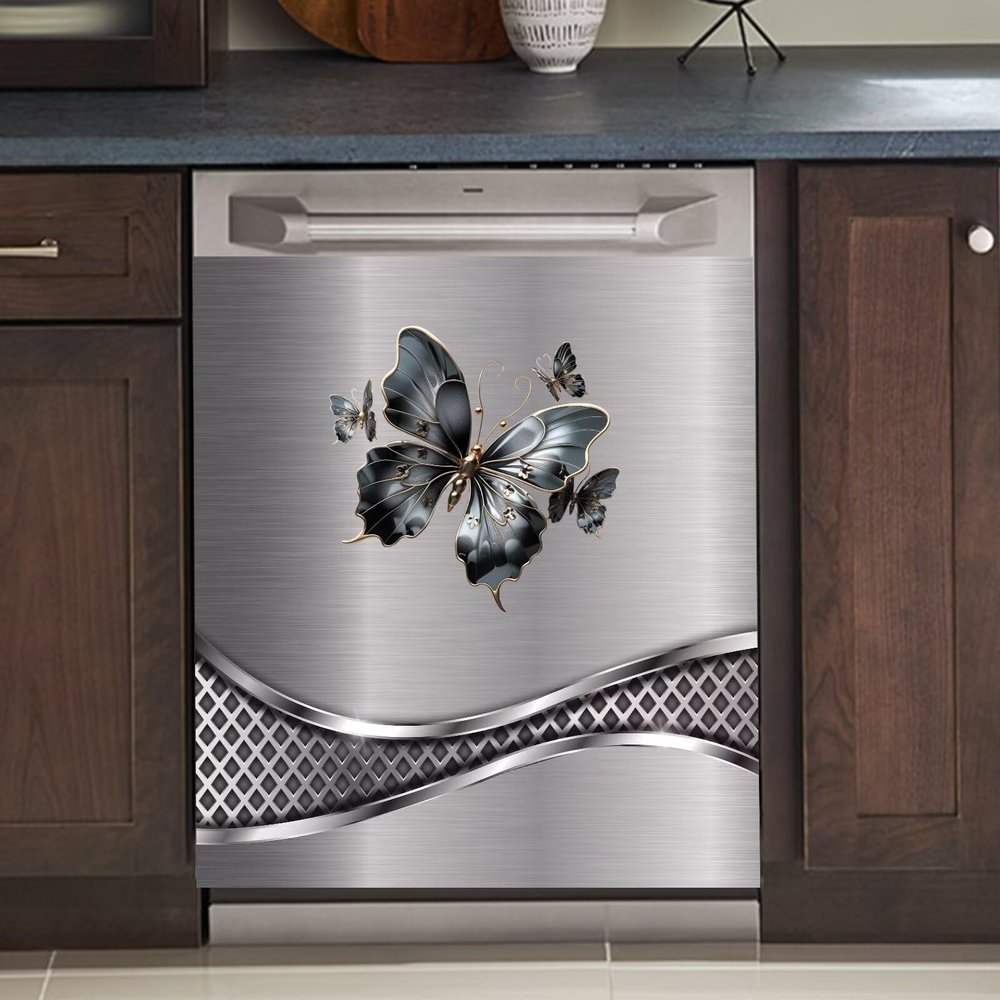 Silver Metal Texture of Brushed Stainless Steel Sticker Decor Dishwasher Cover,Butterflies Magnetic Dishwasher Skin,23x26 inch Dishwasher Sticker for Refrigerator Magnet,Polishing Background