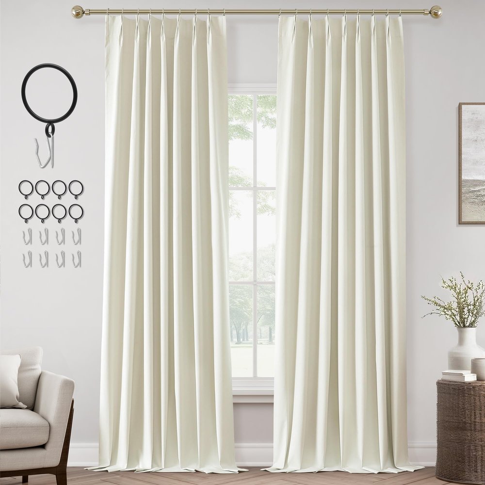 ChrisDowa Ivory Pinch Pleated Blackout Linen Curtains 108 inches Long 2 Panels for Living Room Bedroom Farmhouse Room darking Thermal Insulated Back Tab Hooks Rings Window Treatment Drapes,40x108