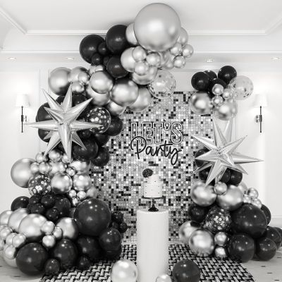 Black and Silver Balloons Garland Arch Kit, 146pcs Metallic Silver and Black Balloons with Silver Exploding Star Foil Balloons for Graduation Birthday New Years Party Decorations