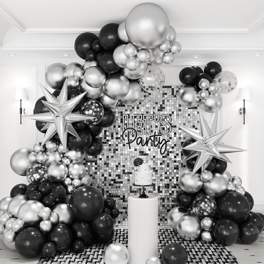 Black and Silver Balloons Garland Arch Kit, 146pcs Metallic Silver and Black Balloons with Silver Exploding Star Foil Balloons for Graduation Birthday New Years Party Decorations