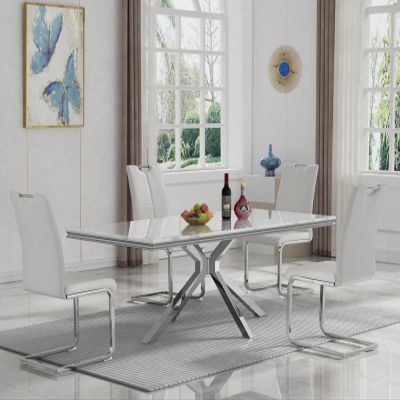Kootlena Marble Dining Table Set for 4, Luxury 70" Rectangle White Marble Silver Kitchen Table and 4 White Upholstered Leather Chairs, 5 Piece Dining Table Set for Kitchen Dining Room
