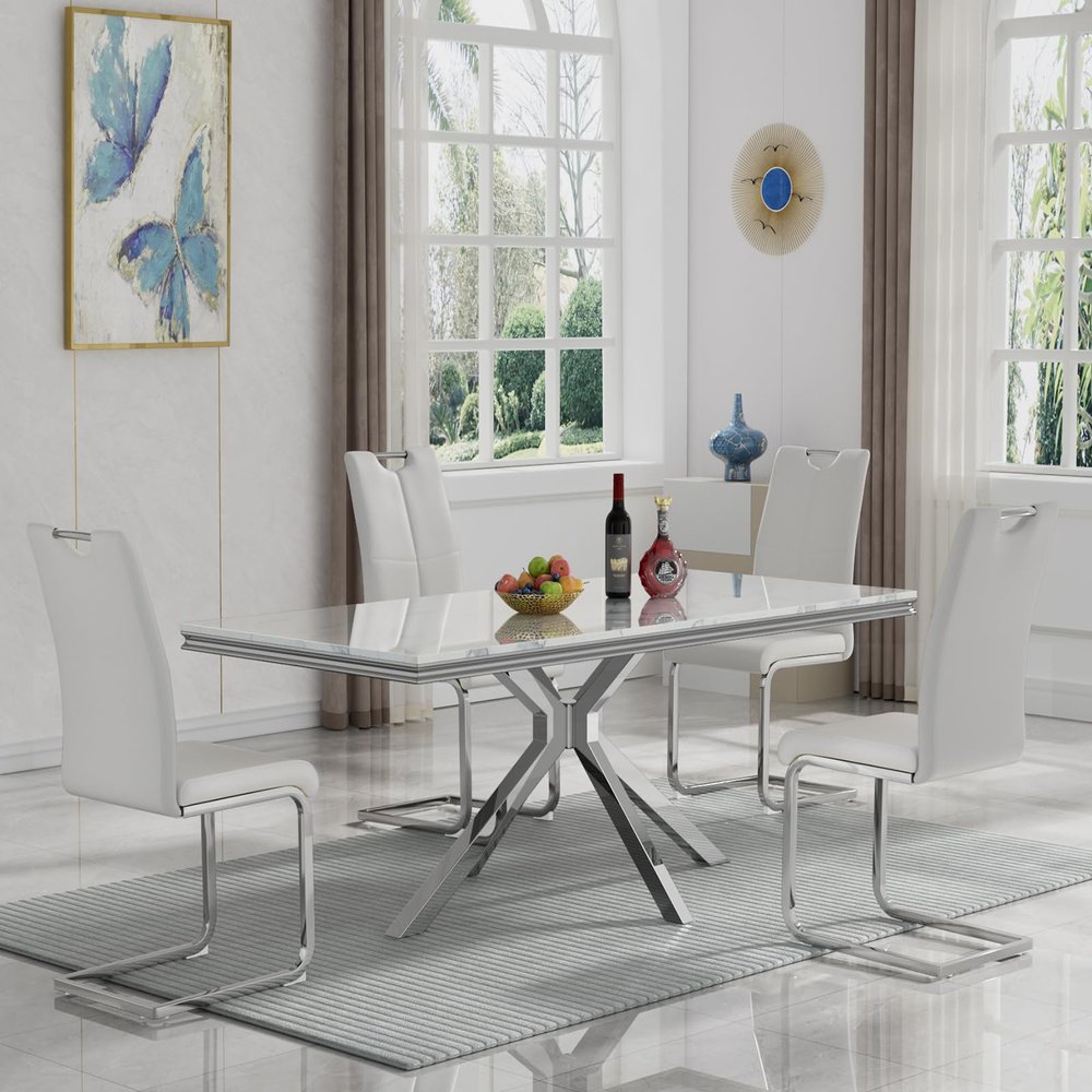 Kootlena Marble Dining Table Set for 4, Luxury 70" Rectangle White Marble Silver Kitchen Table and 4 White Upholstered Leather Chairs, 5 Piece Dining Table Set for Kitchen Dining Room