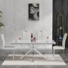 Kootlena Marble Dining Table Set for 4, Luxury 70" Rectangle White Marble Silver Kitchen Table and 4 White Upholstered Leather Chairs, 5 Piece Dining Table Set for Kitchen Dining Room view 2