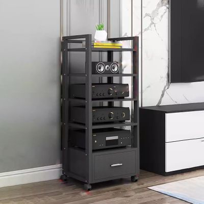 YLLFFLL 5-Tier AV Media Stand with Drawer - 120cm Tall Audio Rack Tower with Adjustable Heigth Shelves - Large Media Console Record Player Stand for Living Room Bedroom(Black-D)