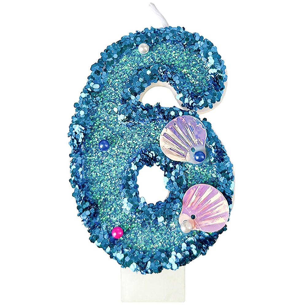 Laackys Blue Shell Sequin Number Candle Set (6), Smokeless, Non-Toxic, Perfect for Mermaid Theme Parties, Birthdays, Weddings