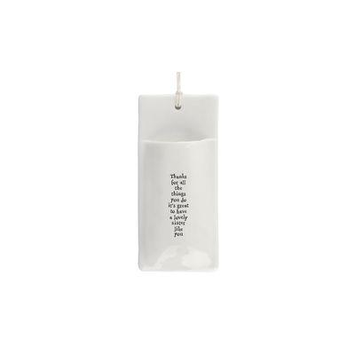 East of India Small Indoor Porcelain Hanging Wall Flower Vase Little Modern Home Ornament ""Thanks lovely sister"", 5.5 x 13 x 2.5 cm, White
