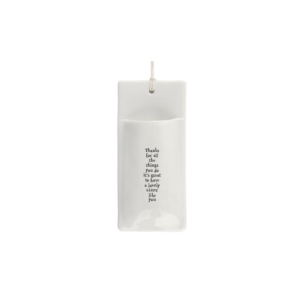 East of India Small Indoor Porcelain Hanging Wall Flower Vase Little Modern Home Ornament ""Thanks lovely sister"", 5.5 x 13 x 2.5 cm, White