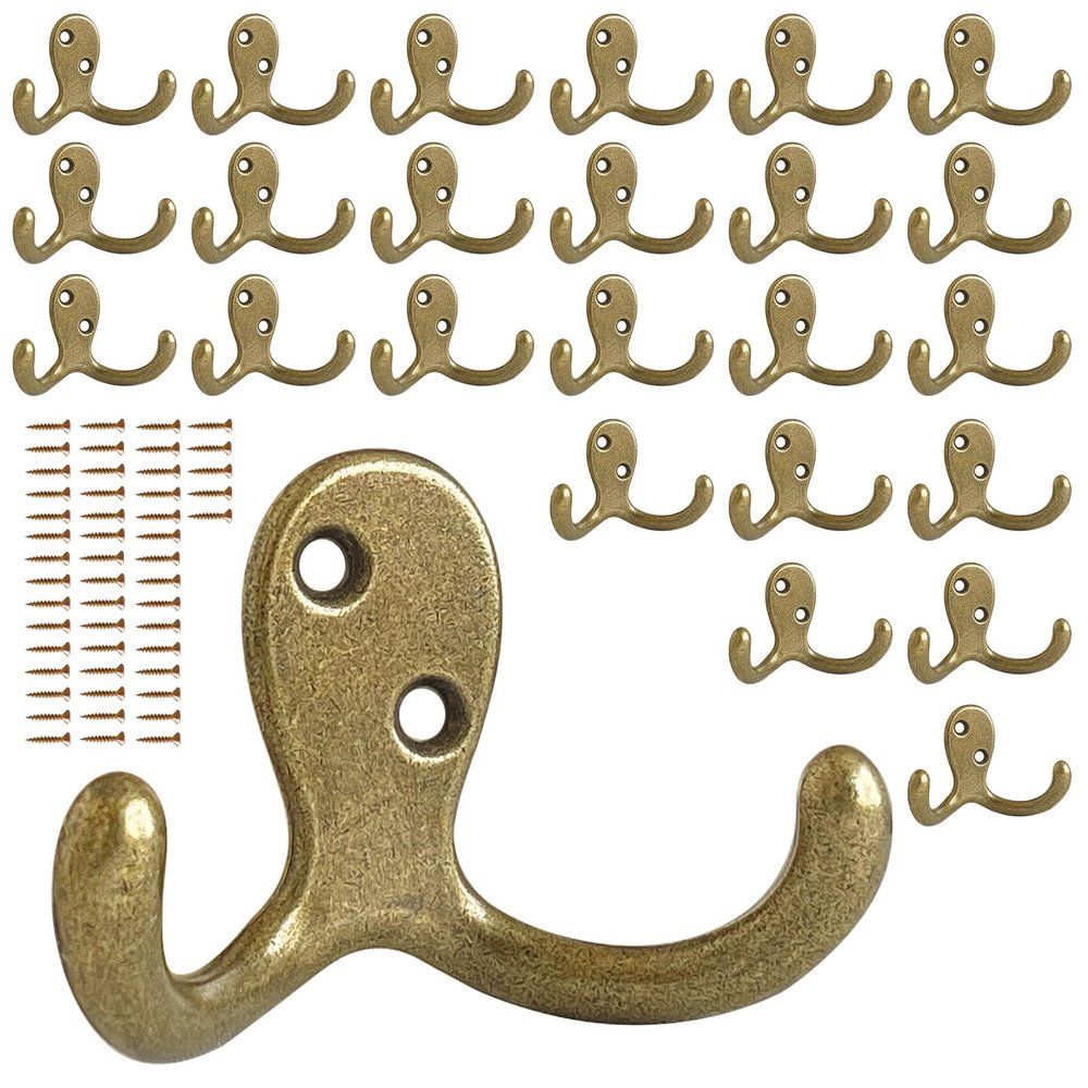 CBWLWJ 25 Pack Coat Hooks Wall Hooks for Hanging, Heavy Duty Double Prong Metal Hook Wall Mounted for Living Room, Bathroom, Kitchen, Bedroom for Coat, Bag, Scarf, Towel, Hat, Key, Cup (Bronze)