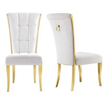 ACEDCOR Dining Chairs Set of 2, White Upholstered High-end Velvet Dining Room Chair with Metal Back Pull Ring Trim Gold Legs