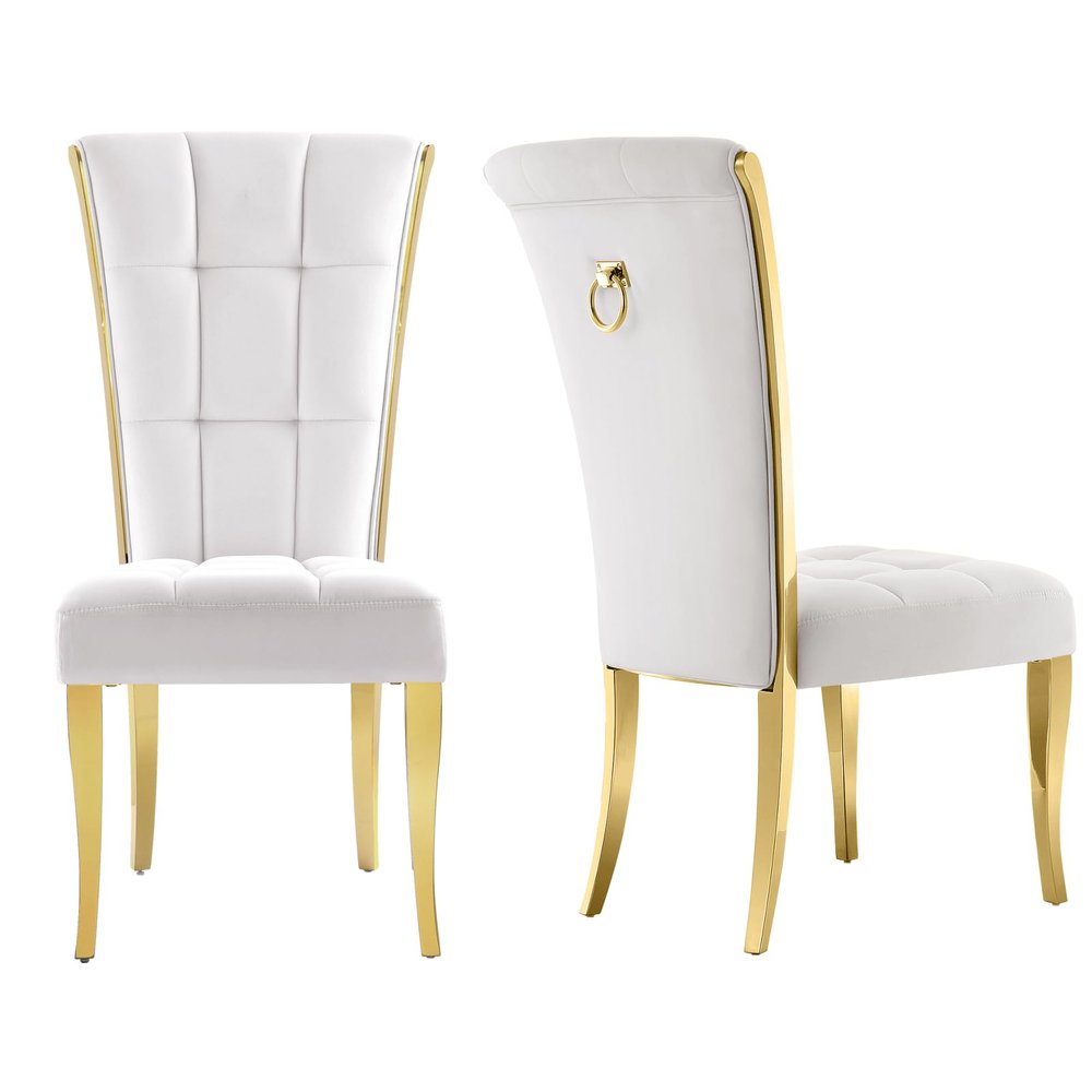 ACEDCOR Dining Chairs Set of 2, White Upholstered High-end Velvet Dining Room Chair with Metal Back Pull Ring Trim Gold Legs