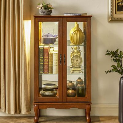 Anwick China Cabinet &Curio Cabinets with Glass Doors, Lighted Display Cabinet with Mirrored Back Panel, Tempered Glass and 3 Tiers Adjustable Shelves (Oak)