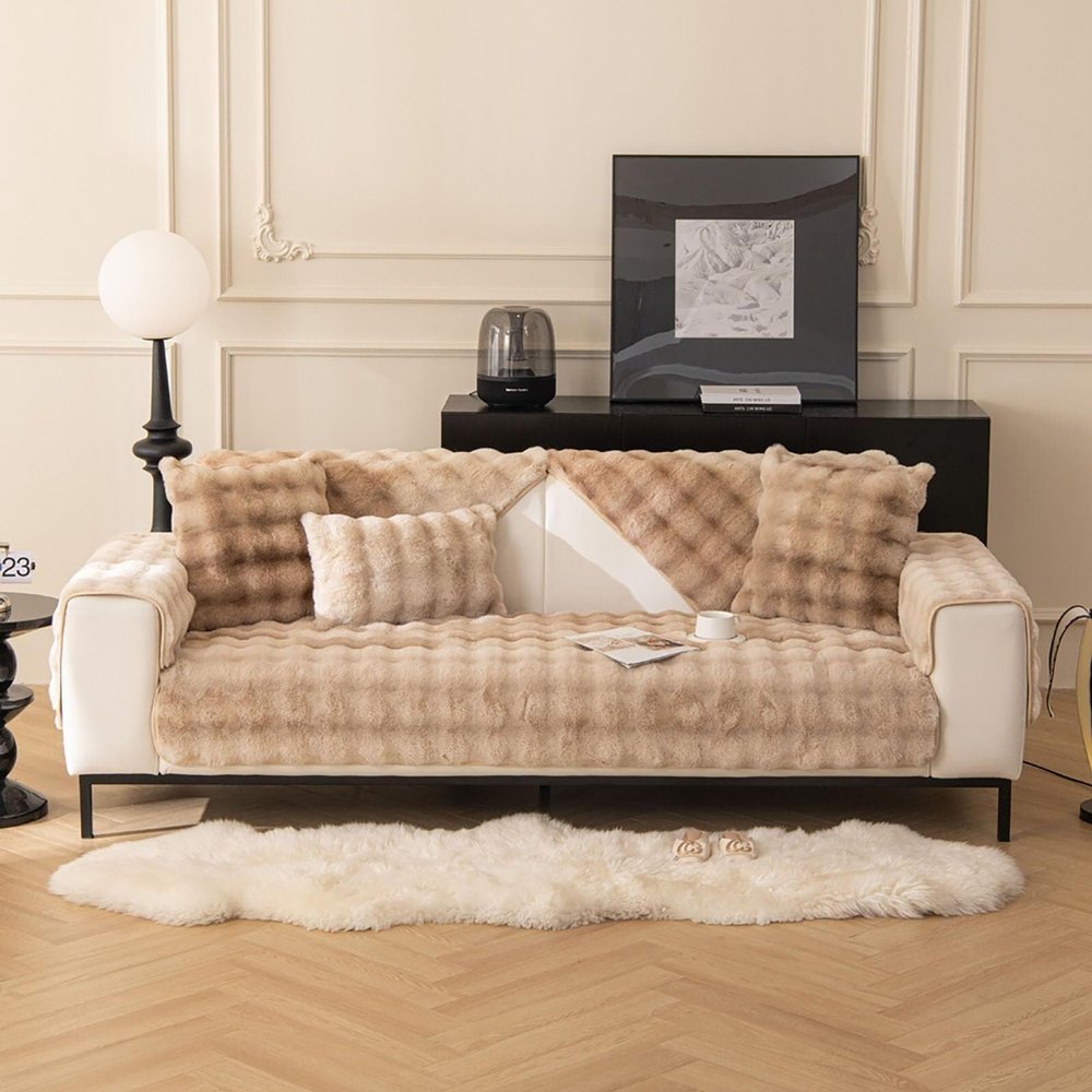 Sectional Couch Covers Thick Rabbit Plush Sofa Covers 1 2 3 Seater, Sofa Cover Sofa Saver Shield Sofa Cushions Washable Non-Slip Winter Lamb Wool Sofa Covers Protector for Living Room (Color : Brown