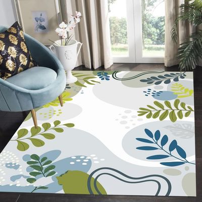 Abstract Plants Leaves Bohemian Area Rugs 9x12 Sage Green Blue Modern Art Deco Floral Rug for Livingroom Bedroom Diningroom Soft Wool Nursery Playroom Rug Waterproof No Slip Floor Carpet Runners