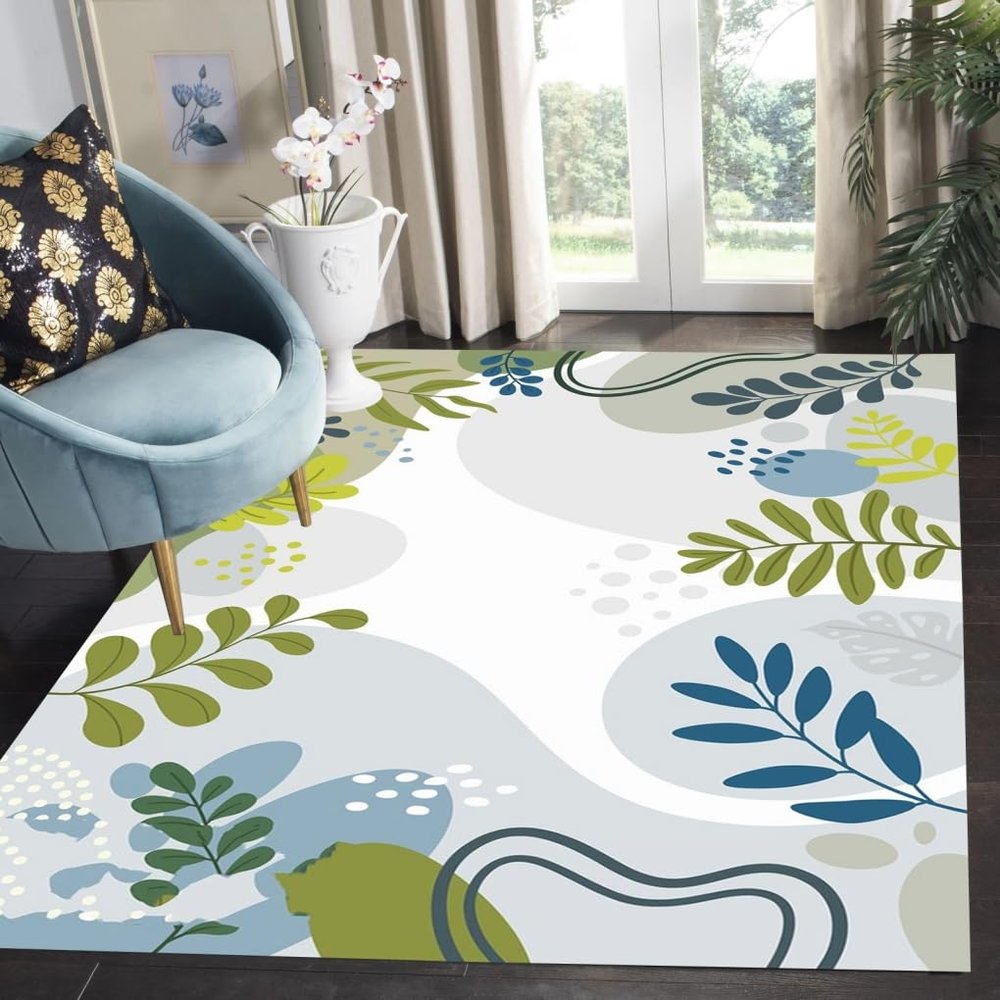 Abstract Plants Leaves Bohemian Area Rugs 9x12 Sage Green Blue Modern Art Deco Floral Rug for Livingroom Bedroom Diningroom Soft Wool Nursery Playroom Rug Waterproof No Slip Floor Carpet Runners