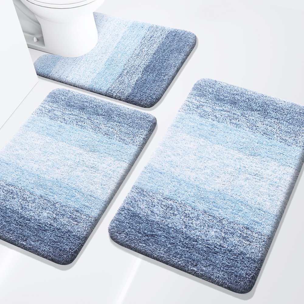 Arotive Bathroom Rugs Set 3 Piece, Extra Soft and Absorbent Bath Rugs, Machine Wash Dry Bath Mats for Bathroom, Toilet, Tub and Shower, 24x16, 30x20 and U-Shaped 24x20, Light Blue