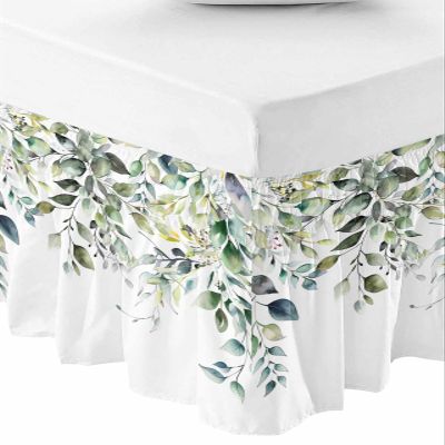 Anzona Bed Skirt Queen Size - 16 Inch Drop Farmhouse Eucalyptus Adjustable Elastic Dust Ruffles Bed Sheet Skirts, Sage Green Botanical Leaves Luxury Microfiber Wrap Around Pleated Bed Skirt