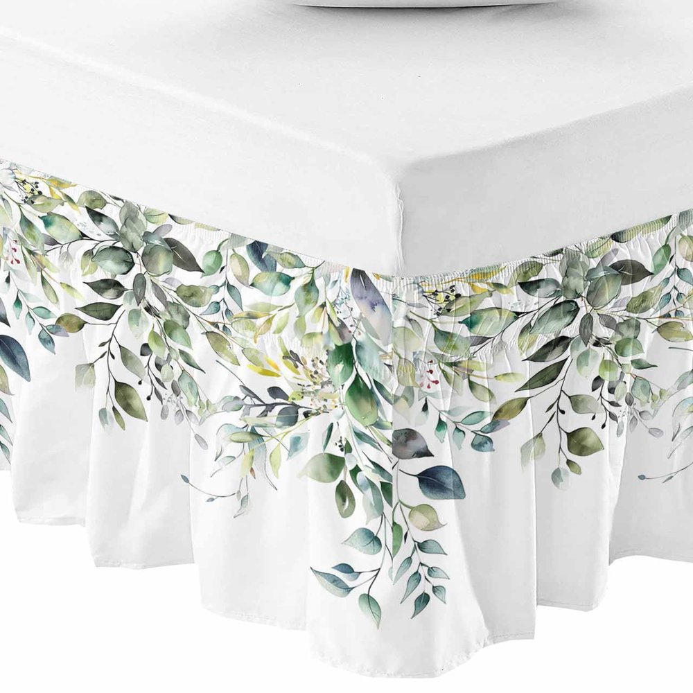 Anzona Bed Skirt Queen Size - 16 Inch Drop Farmhouse Eucalyptus Adjustable Elastic Dust Ruffles Bed Sheet Skirts, Sage Green Botanical Leaves Luxury Microfiber Wrap Around Pleated Bed Skirt