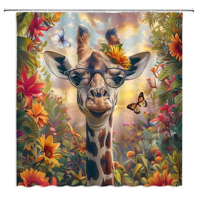 ZWSMZW Giraffe Shower Curtain African Wild Animal Flower Butterfly Funny Cartoon Tropical Jungle Natural Landscape Bathroom Decor Fabric Curtains with Hooks