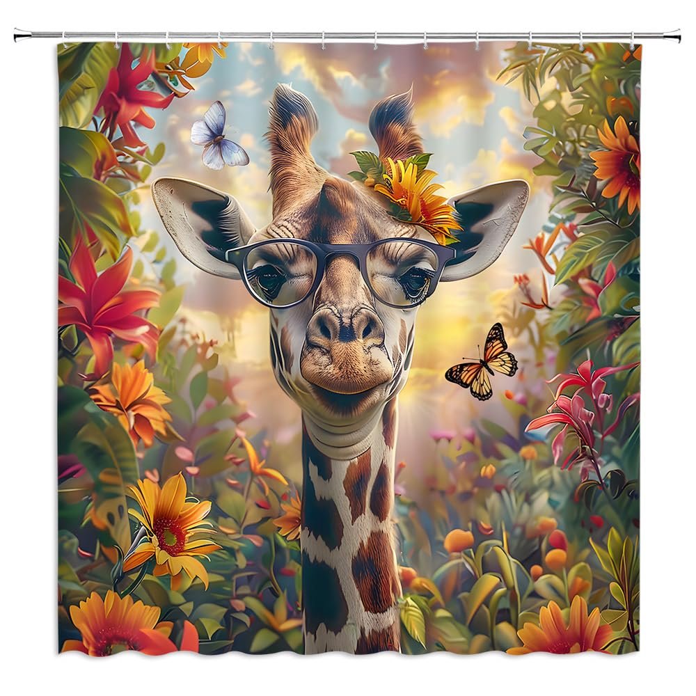ZWSMZW Giraffe Shower Curtain African Wild Animal Flower Butterfly Funny Cartoon Tropical Jungle Natural Landscape Bathroom Decor Fabric Curtains with Hooks