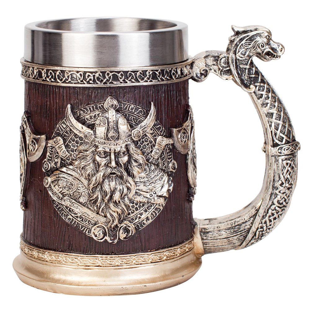 Viking Wooden Barrel Mug Tankard Creative Odin Hand-painted Resin Beer Stein 304 SS Liner Wine Goblet Coffee Mug Gift Home Decor Capacity 16.91 OZ (Gold)