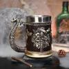 Viking Wooden Barrel Mug Tankard Creative Odin Hand-painted Resin Beer Stein 304 SS Liner Wine Goblet Coffee Mug Gift Home Decor Capacity 16.91 OZ (Gold) view 4