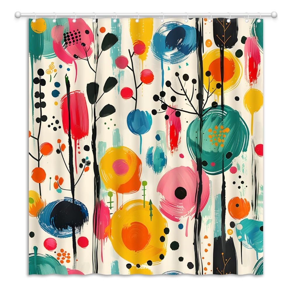 JEJOMEAG Abstract Shower Curtain Orange Beige Graffiti Modern Geometric Mid Century Minimalist Fabric Bathroom Curtain with Hooks, 67x70 Inch