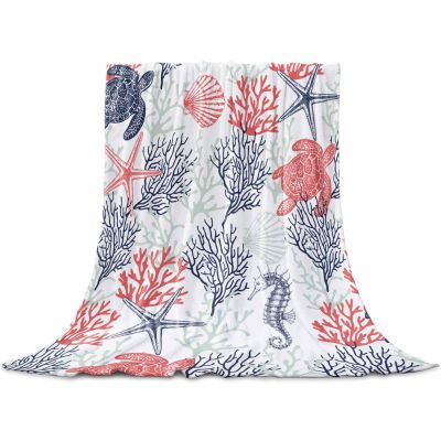 Ocean Coral Sea Turtle Throw Blankets, Soft Flannel Fleece Microfiber Blanket, Summer Coastal Seahorse Blue Orange Warm Bed Blanket Throws for Chair Sofa Couch Bedroom Camper 40x60 in