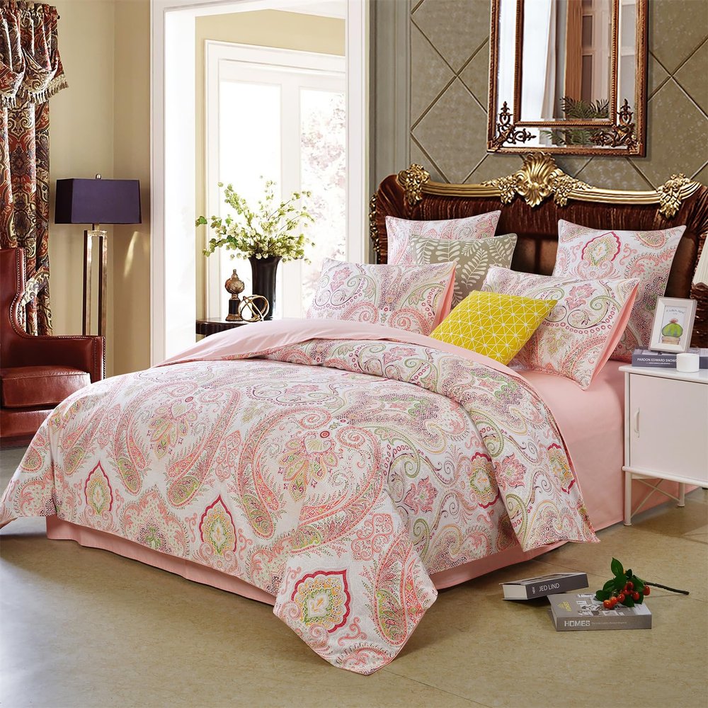 ABREEZE Vintage Floral Duvet Cover Set - 100% Egyptian Cotton Pink Paisley Bedding Set with 1 Duvet Cover and 2 Pillowcases - Soft, Breathable, Button Closure (Full)