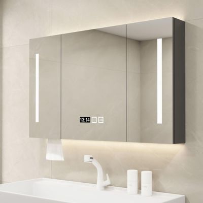 Bathroom mirror with storage anti fog,Modern Smart LED Lighted Vanity Mirror,wooden bathroom medicine cabinet with mirror and lights,Wall Mounted vanity mirror with storage,3 color lights,time display