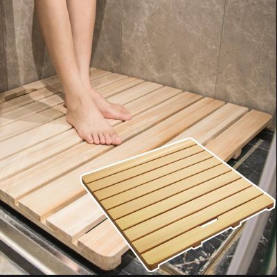 Kunovo Solid Wood Bath Mat for Shower, 20 24 26 28 30 32 34 36 inch Long Bathroom Drain Board, Water Proof Bathtub Mat with Non-Slip Foot Pads Handle (Size : 28x36in(71x91cm))