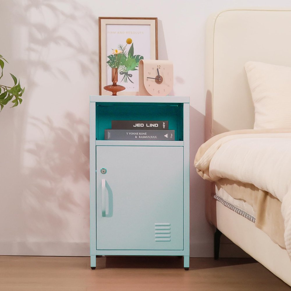 ALBAD Compact Metal Nightstand with Lockable Cabinet and Open Shelf, Modern Bedside Table, Versatile Side Table for Bedroom, Living Room, or Office (Light Green, 26" H-Lockable Door)