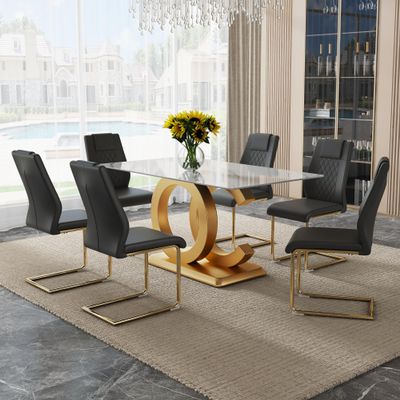 UELKS 63" Dining Room Table Set for 6, Modern Dining Table Set for 6, Faux Marble Dining Top with OC Shaped Leg Metal Base Table and 6 Upholstered Dining Chairs Set for Kitchen, Living Room