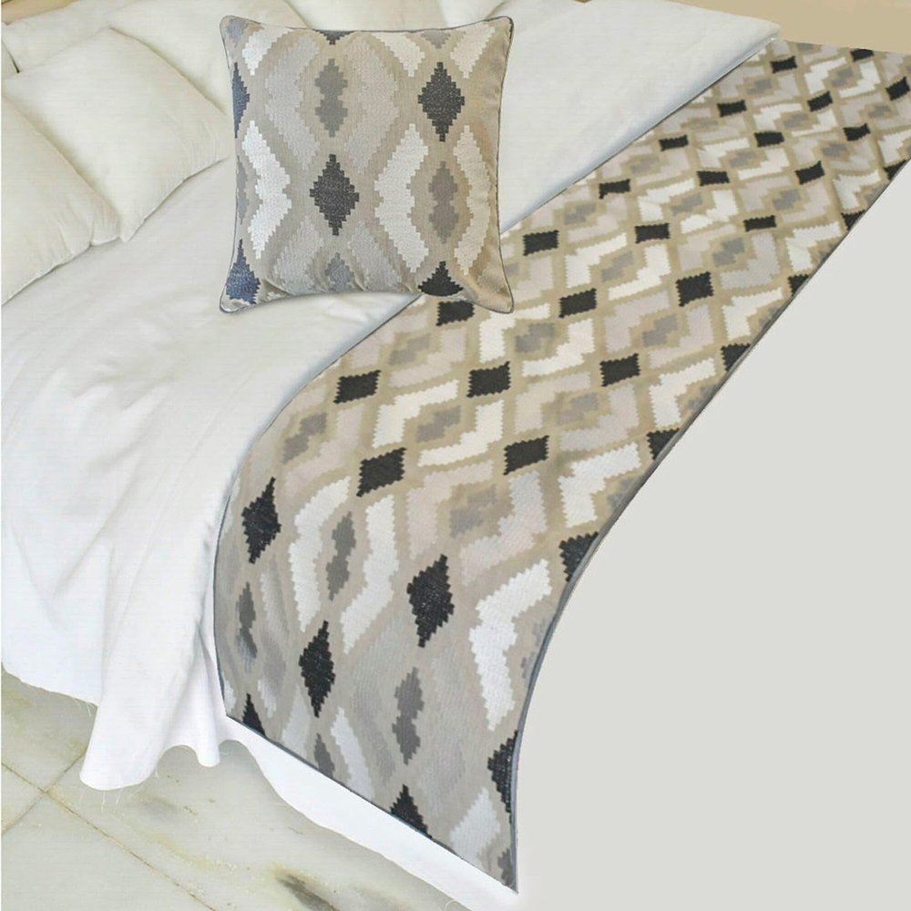 The HomeCentric King/Queen/Twin Beige Decorative Bed Runner King 90"x18" Bed Runner Without Pillow Cover, Embroidery,Aztec Bed Scarf on Linen Fabric - Thread Tale