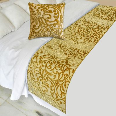 The HomeCentric King/Queen/Twin Beige Gold Decorative Bed Runner King 90"x18" Bed Runner with Two Pillow Cover, Cut Velvet, Beaded Bed Scarf on Velvet Fabric - Serene Symphony