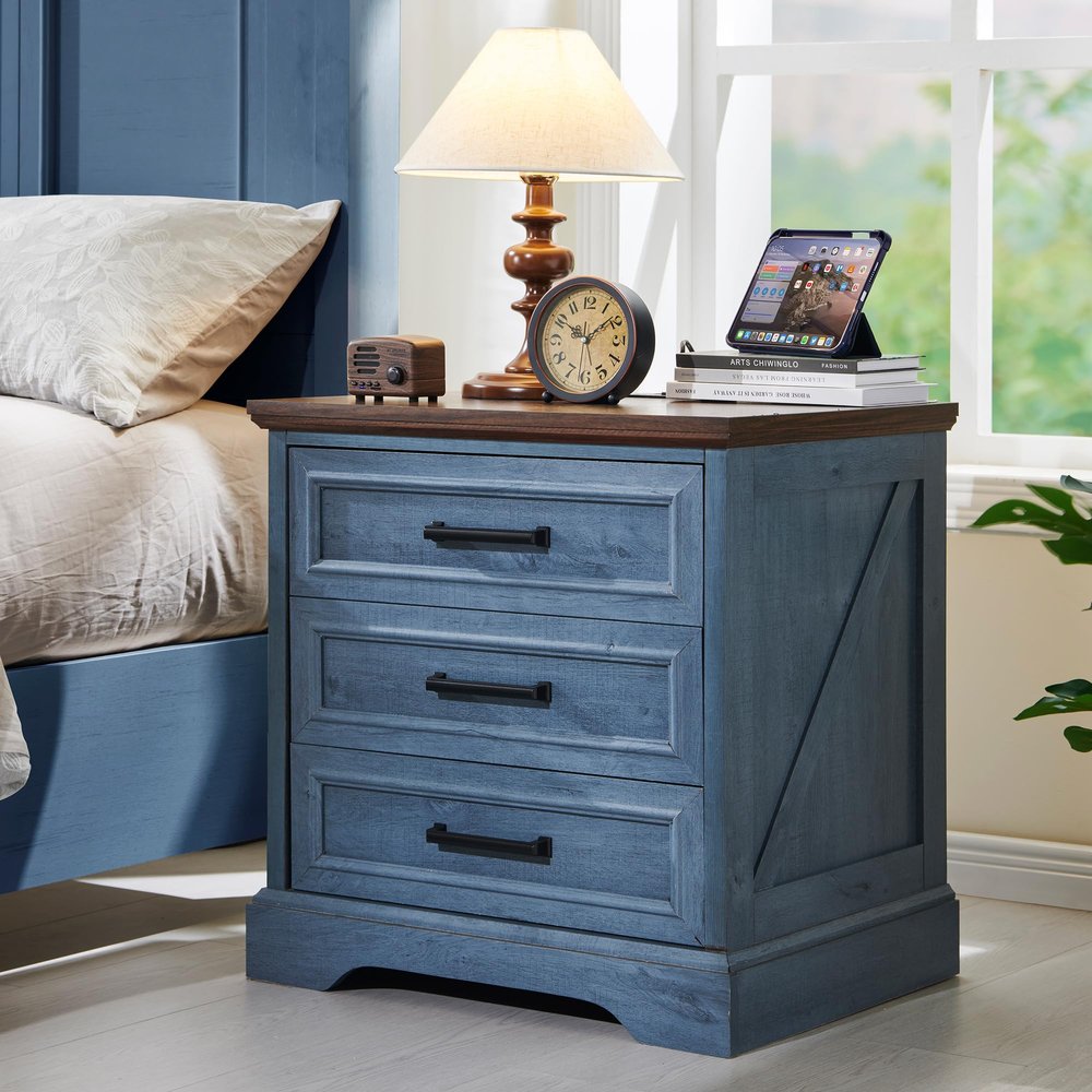 ACCOHOHO Farmhouse Nightstand with Charging Station, 22 Inch Wide End Table with 3 Large Drawers & Bar Handles, Rustic Wood Small Dresser Chest of Drawers for Bedroom, Living Room, Closet, Blue