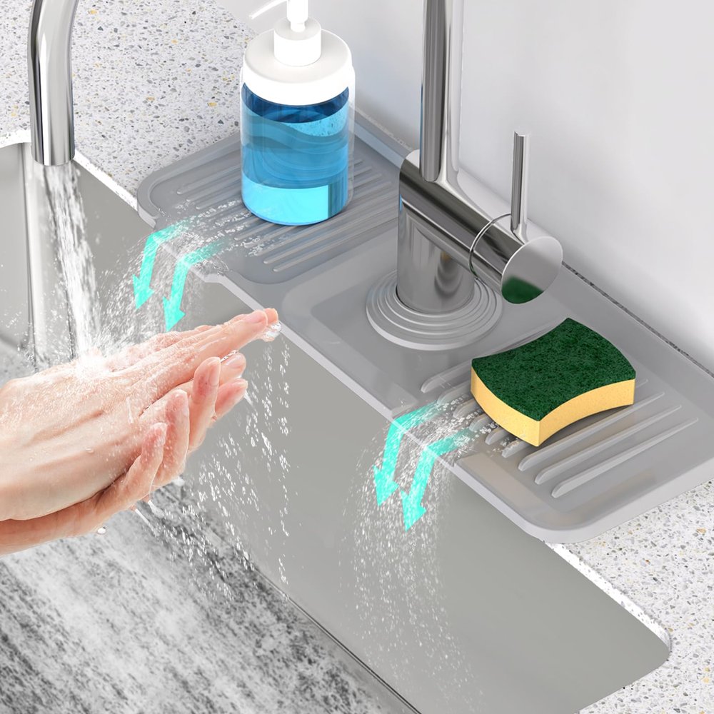 14.6'' Faucet Mat for Kitchen Sink [5Slope Fast Self-draining] Kitchen Sink Splash Guard Silicone Kitchen Sink Faucet Mat Splash Guard for Kitchen Sink Area Tidy Splash Faucet Guard Draining Mat