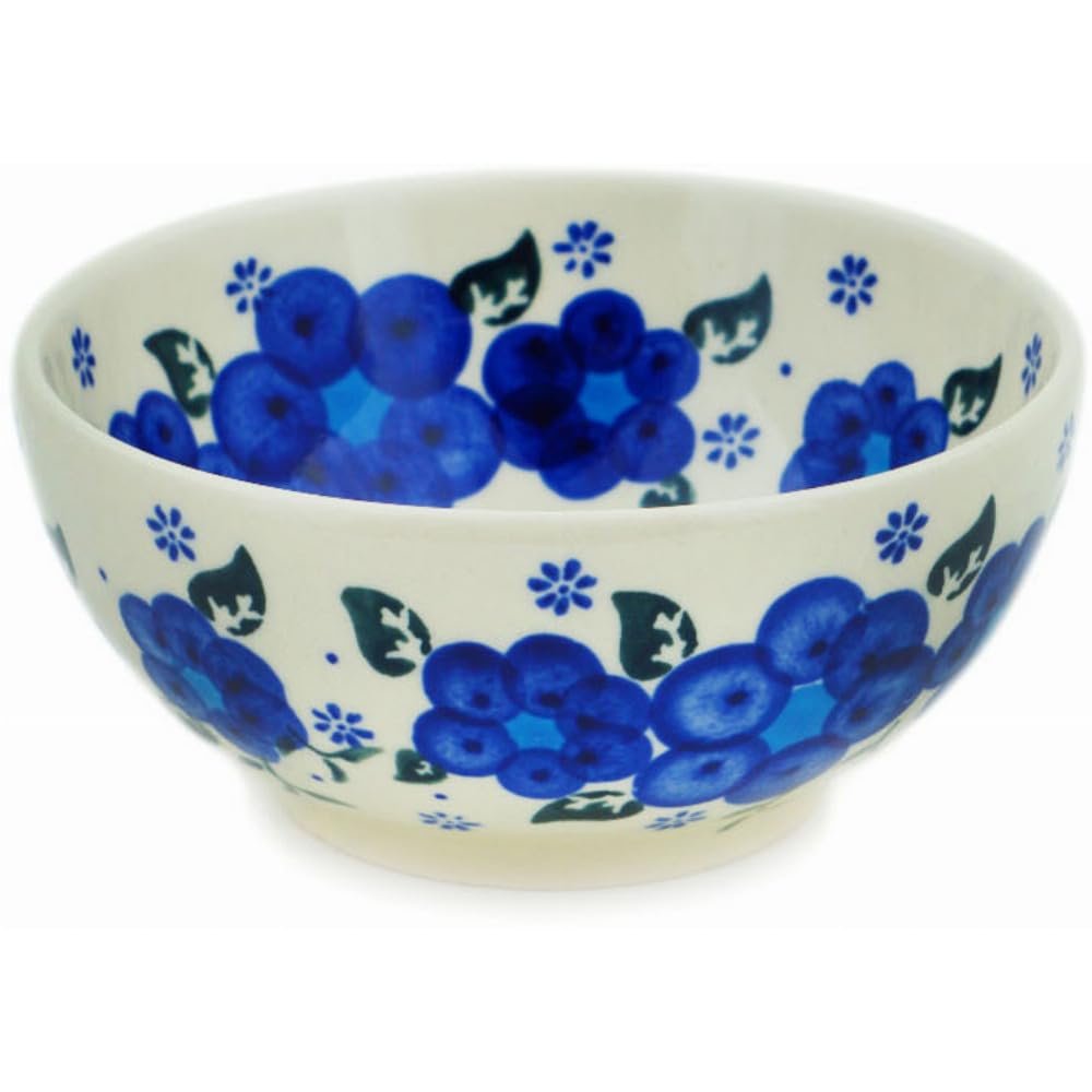 Polmedia Polish Pottery Bowl 5-inch - Blue Winter Poppies Pattern Handmade in Boleslawiec Poland by Ceramika Bona + Certificate of Authenticity